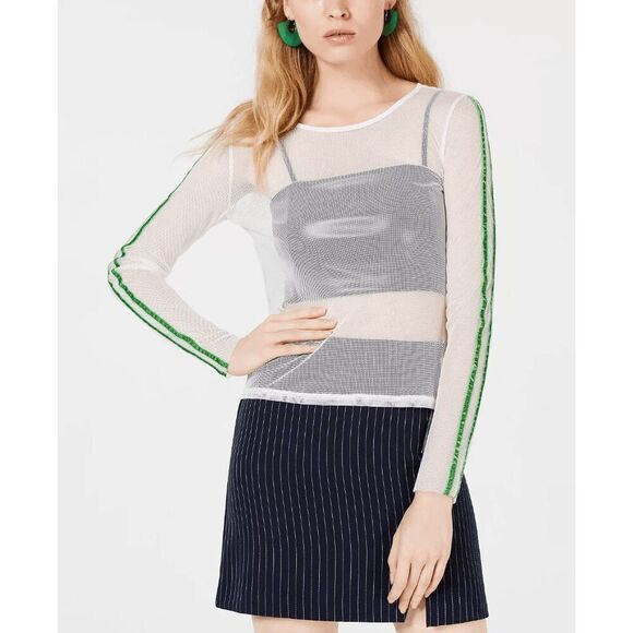 Project 28 NYC Women's Mesh Striped-Sleeve Top - White L - Picture 1 of 6